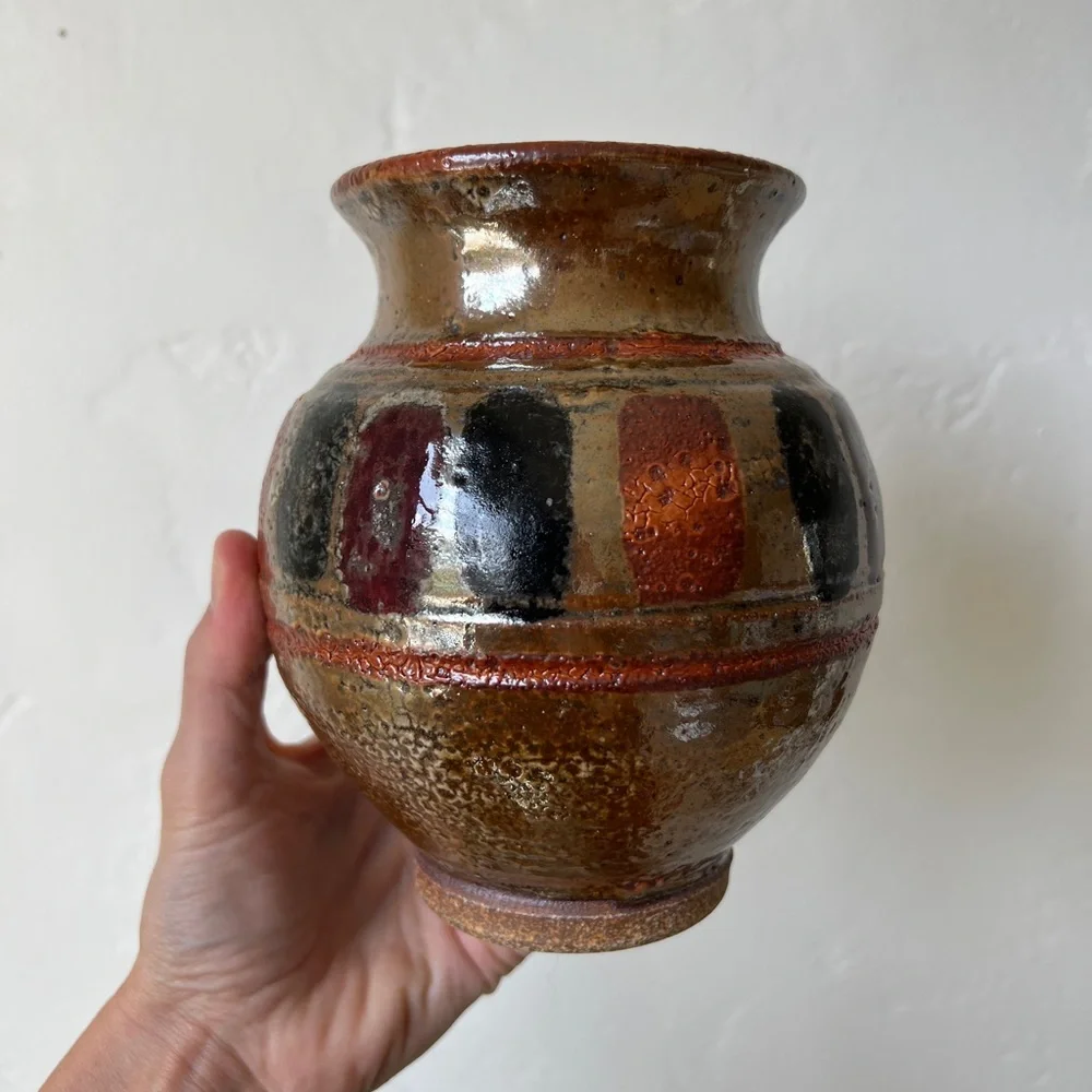 Stoneware hand made vase metallic glaze bronze orange mid century pottery